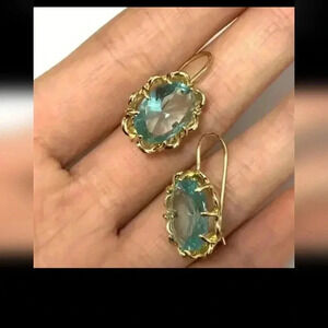 Blue Glass Aqua Gold Antique Oval Victorian Bohemian Gypsy Festival Earrings